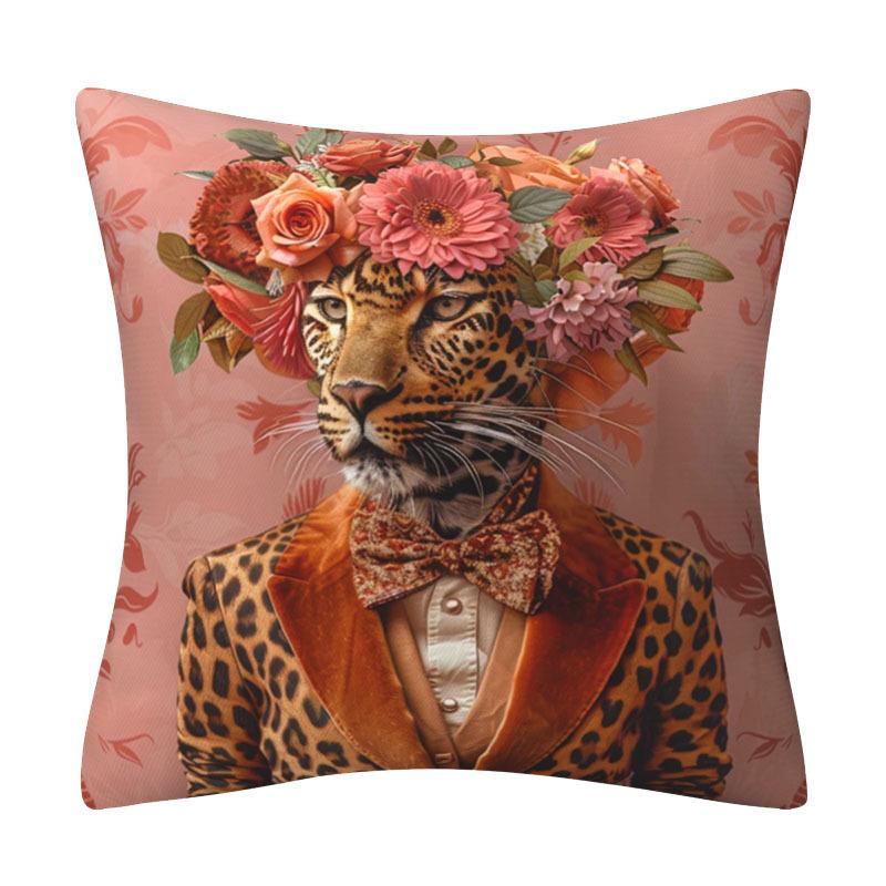 Stylish Dapper Leopard In Purple Pinstripe Suit & Floral Hat – Decorative Throw Pillow Case Cotton Linen Cushion Cover