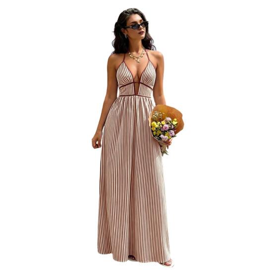 Women s Halter Striped Maxi Dress Sleeveless Deep V Neck A Line Sundress Summer A-Line Beach Vacation Dress M