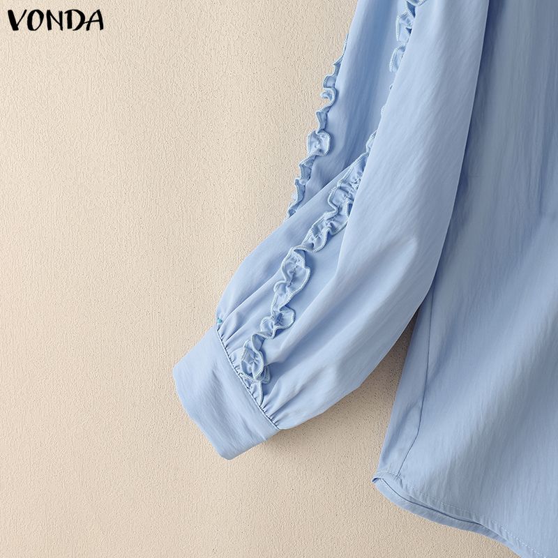 VONDA Women Casual Round Neck Ruffled Long Sleeve Solid Color Baggy Blouse