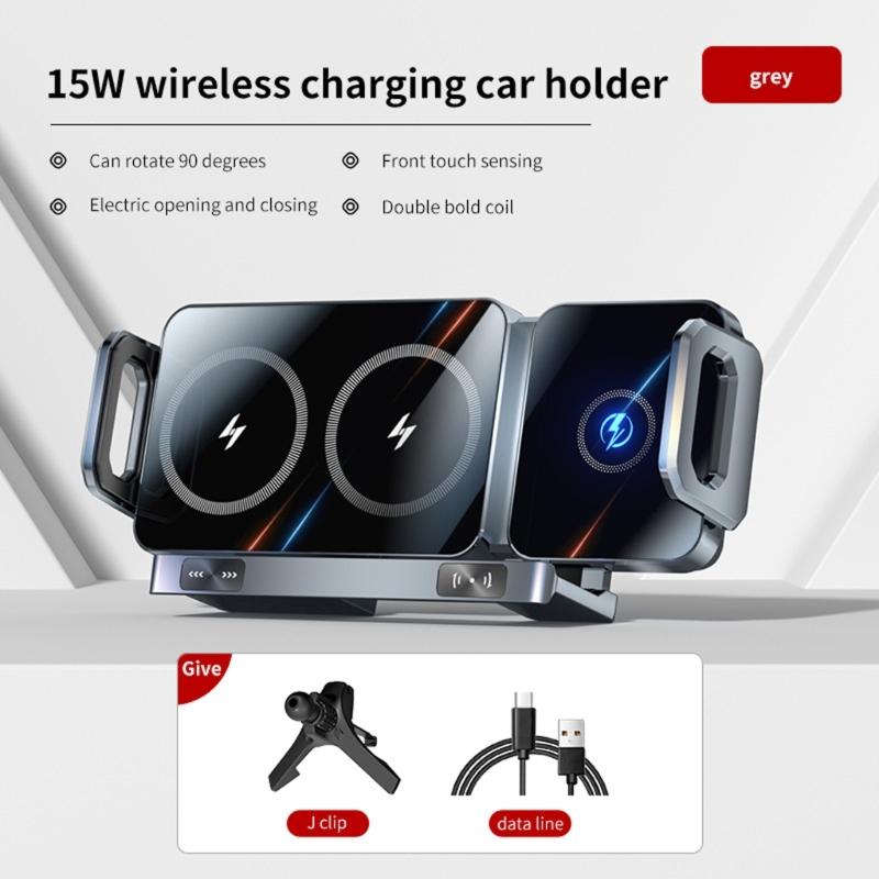 360 Rotation Magnetic Car Mount Wireless 15W Fast Charging Foldable Design Universal With Auto Clamping For Smartphones