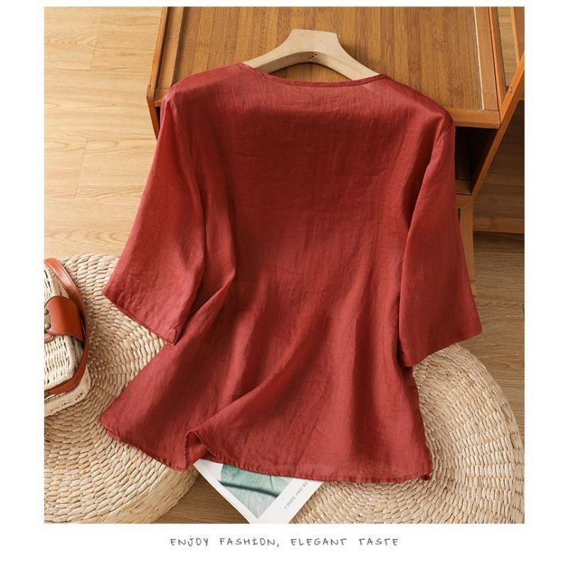 Retro Chinese Style Embroidered Cotton Linen Shirt Women Summer Young Bead Buttons Oblique Placket New