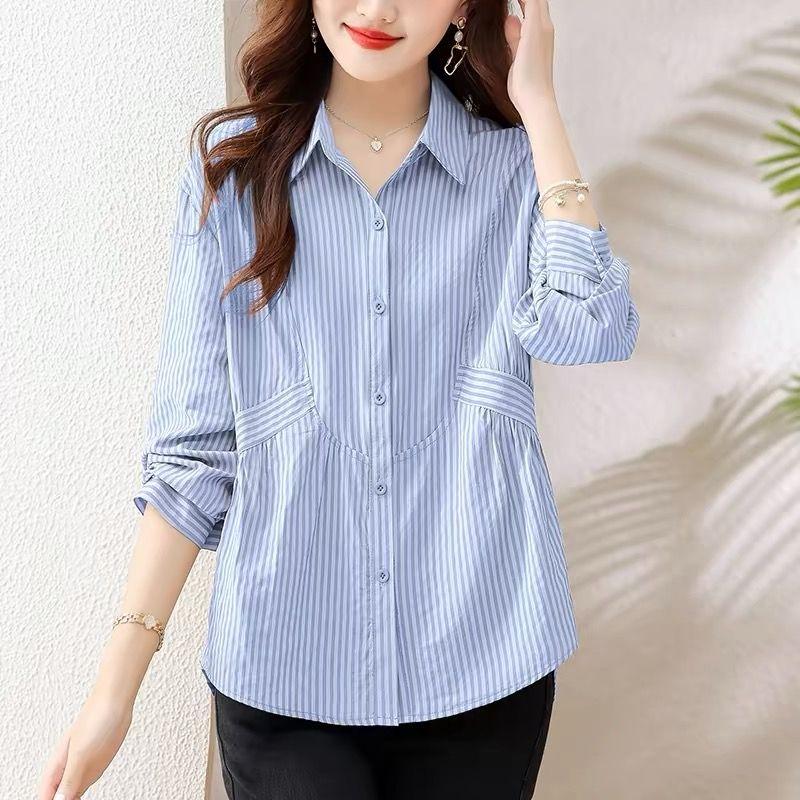 

Stripe Long sleeve Shirts Women clothes 2025 Spring Summer New Western Style Plus size Blue Outerwear Age-Reducing Beautiful Top Blue XL