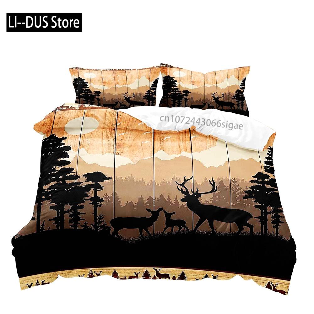 Farmhouse Bedding Sets Deer Elk Moose Mountain Woodland Animals Duvet Cover, Rustic Bedroom Decor, 2 Pillowcases Bedroom Decor