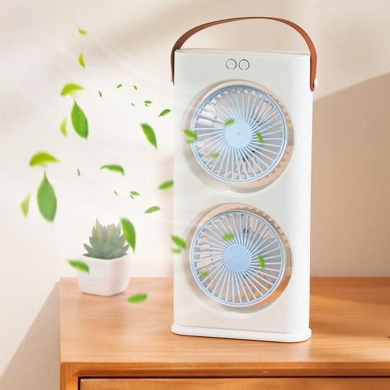 Stolní ventilátor s dvojitou hlavou a LED nočním světlem, Dobíjecí malý cirkulační ventilátor, Přenosný stolní ventilátor pro domácí kancelář, cestování