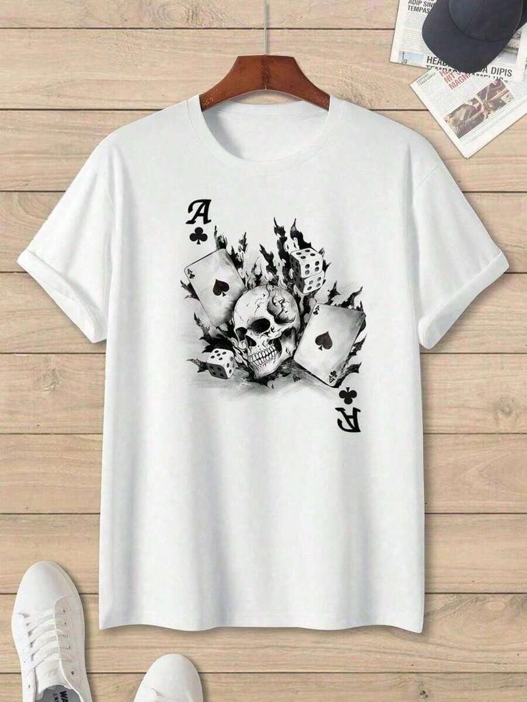 Manfinity RebelGame Unisex Skulls & Poker Cards Graphic Printed Short Sleeve T-Shirt, For Going Out, For Friends Tee Summer