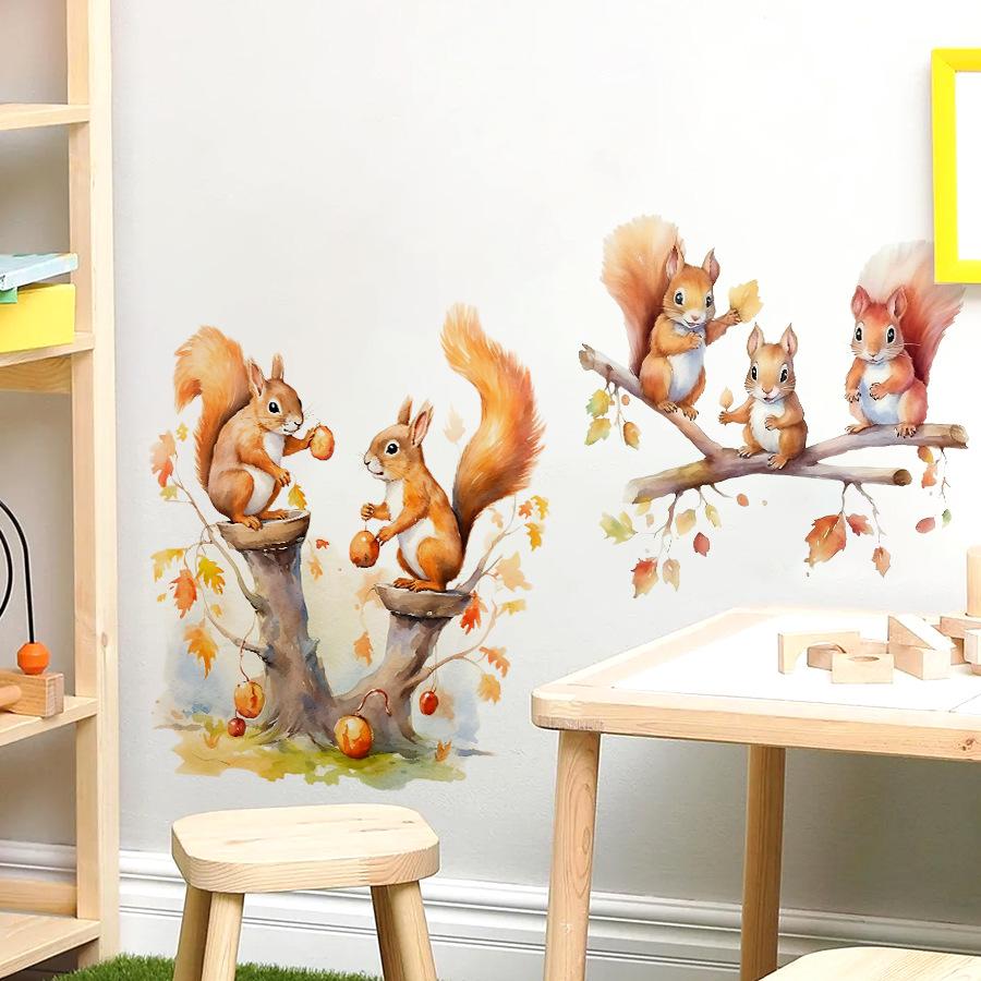 Warm Cute Cartoon Squirrel Family Wall Stickers, Self-Adhesive Decor for Kids Room Bedroom Kindergarten Decoration