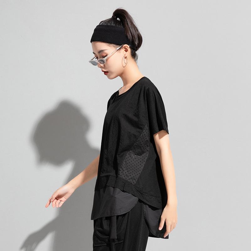 Evropské a americké letní dámské bavlněné tričko s prošívaným dutým vzorem