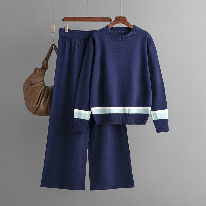 Autumn and Winter New Contrasting Color Knitted Wide-leg Pants with Loose and Thin Striped Knitted Two-piece Suit for Women