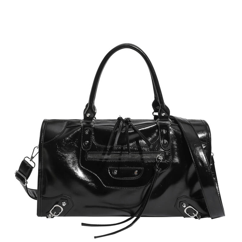 Glossy Faux Leather Duffel Bag Women's Fashion Shoulder Tote with Front Zip Pocket and Adjustable Strap