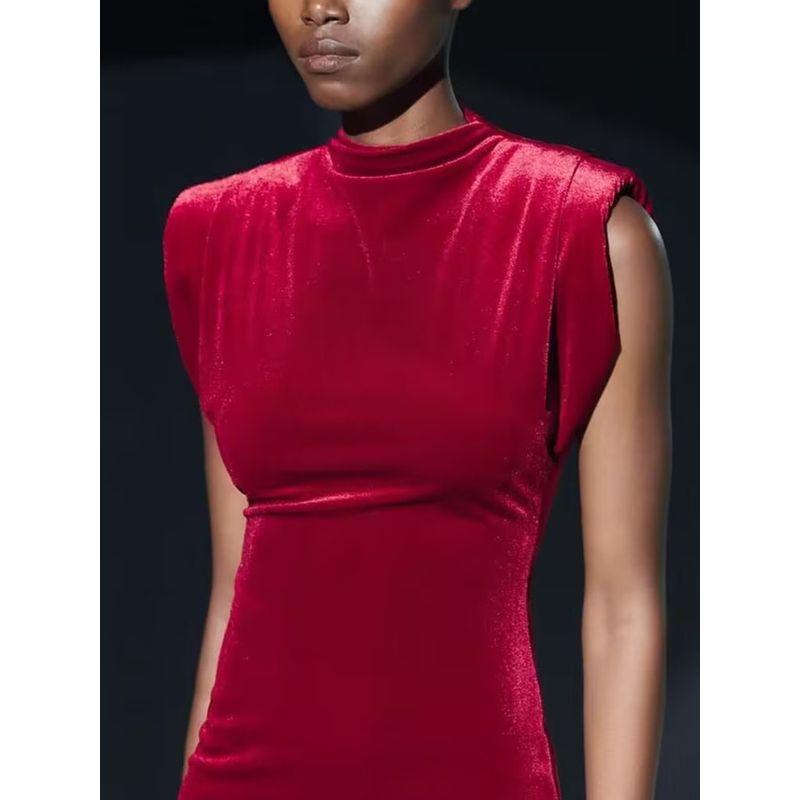 Za2025 Spring New Women's Clothing Fashion Temperament Waist-Controlled Slimming Sleeveless Velvet Padded Shoulder Dress 0036185