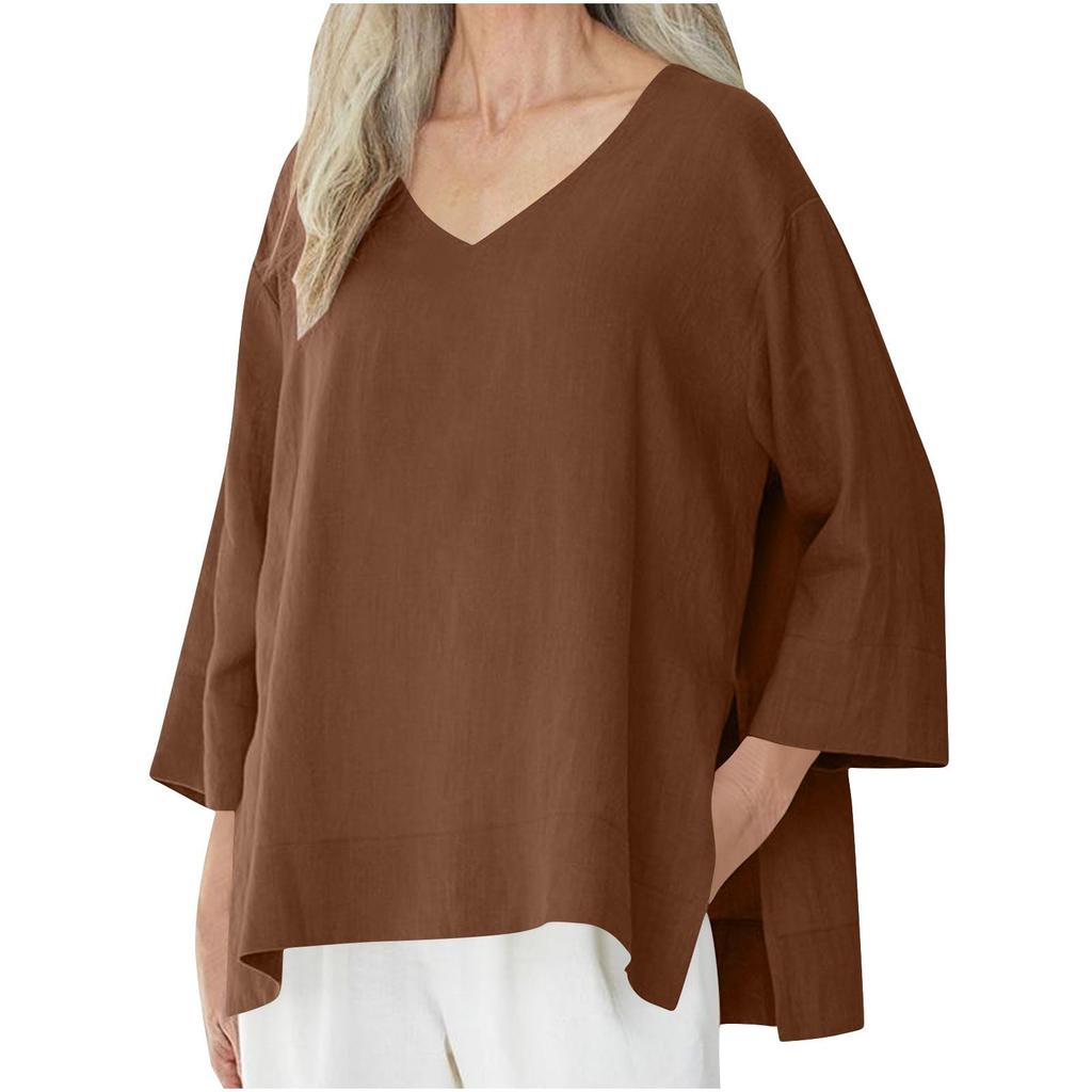Ladies' Casual Fashion Solid Color V-neck Loose Slit Casual Solid Color Cotton And Linen Top
