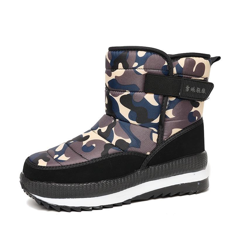Botas de neve camufladas de inverno novas, tamanho grande para mulheres e homens, aquecidas, com sola grossa, de cano alto, sapatos de algodão
