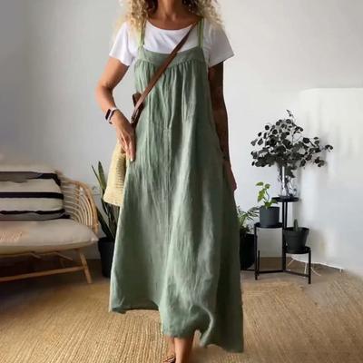 Women Summer Suspender Dress Low-cut Sleeveless Backless A-line Bohemian Style Pure Color Oversized Pleated Side Pockets Mid-calf Length Midi Sundress