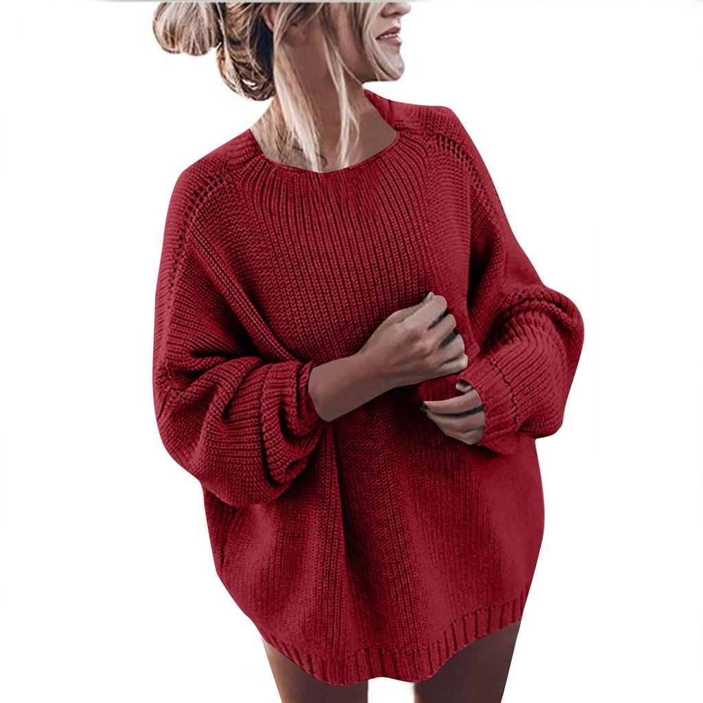 Women's Fashionable Casual Round Neck Solid Color Long Sleeve Sweaters