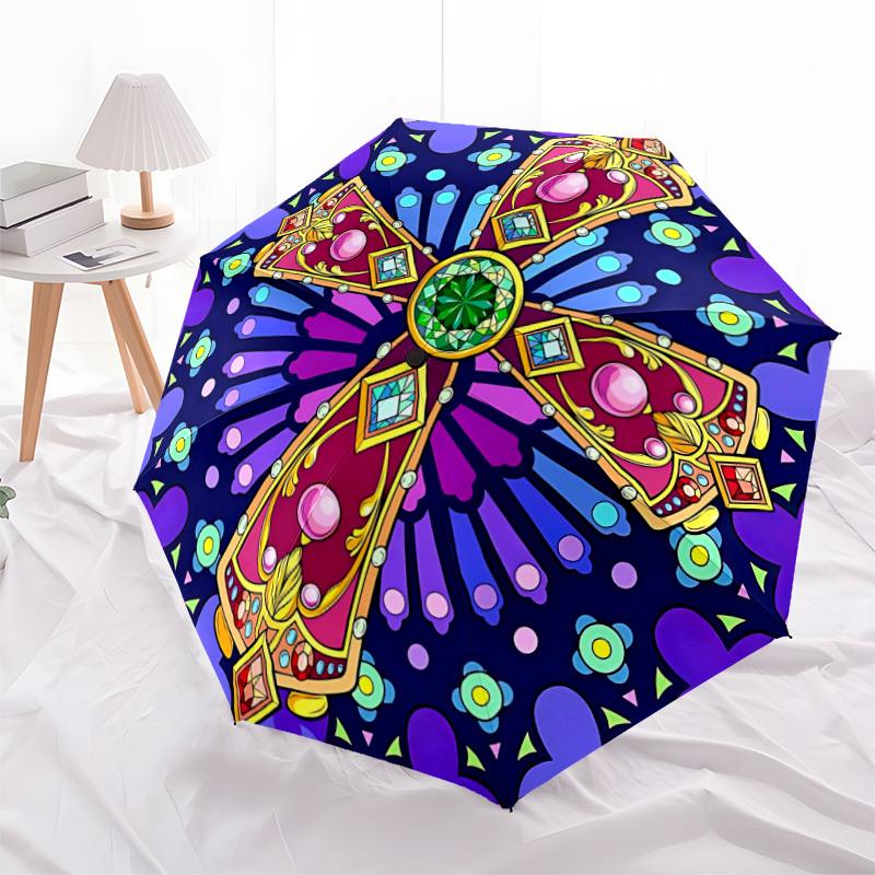 1pc Stained Glass Cross Automatic Open/Close Umbrella, Lightweight for Women/Men, Perfect Gift - for Everyday or Holiday Eventsyy251127098