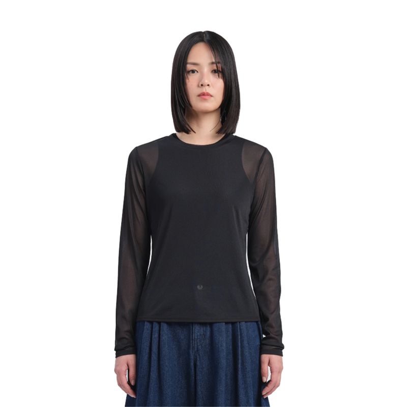 Kong Trendy Brand Ini*** Mesh Elastic Slim-Fit Women's Spring and Autumn Long-Sleeve Base T-Shirt, Round Neck, Lightweight, Breathable, Solid Color