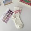 Women's Mid-Calf Socks: Japanese-Inspired Pink Floral with Lettering, Cute and Versatile for Spring & Autumn.