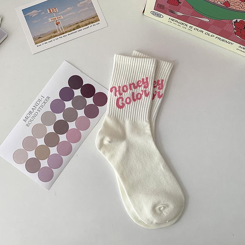 Women's Mid-Calf Socks: Japanese-Inspired Pink Floral with Lettering, Cute and Versatile for Spring & Autumn.