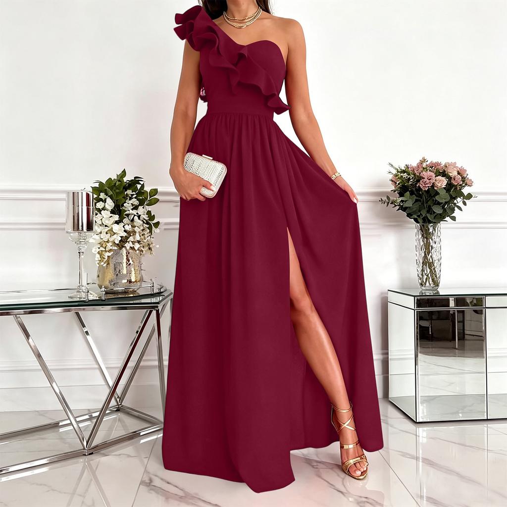 Sleeveless One Shoulder Maxi Dress with Ruffle Detail and Side Slit Floor Length Evening Gown for Women
