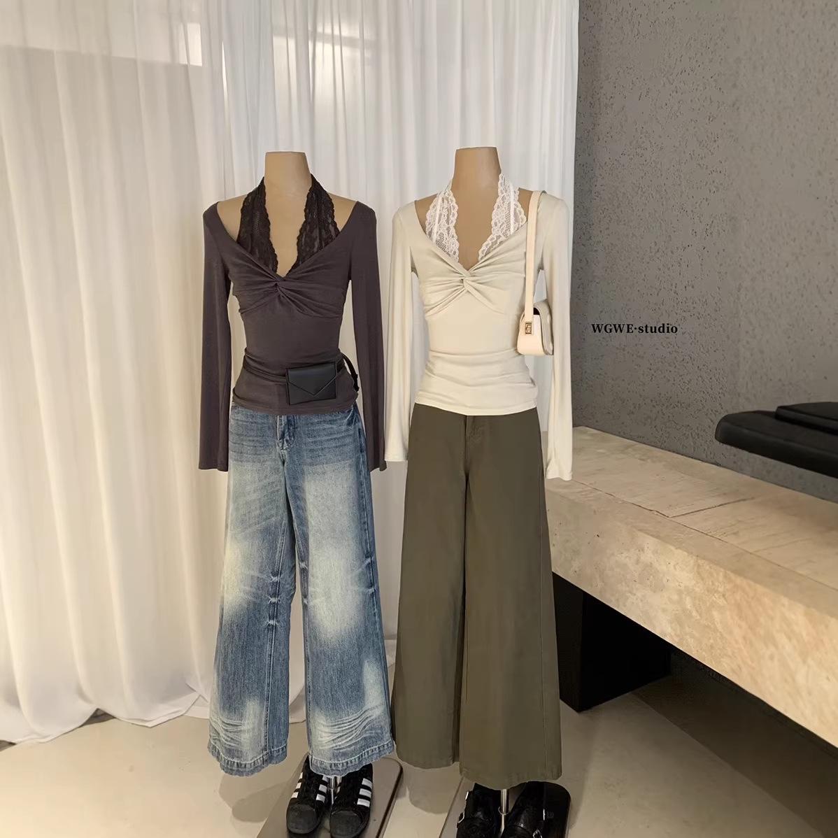 

Brushed Knit Knot Lace Layered Top WGWE8618 S - No Returns/Exchanges абрикосовий