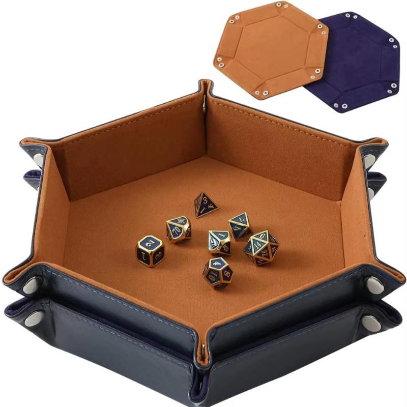 1pc Rolling Folding Hexagon Dice Game Storage Tray Holder Double Sided Thick PU Leather&Velvet Dice Mat Office Supplies