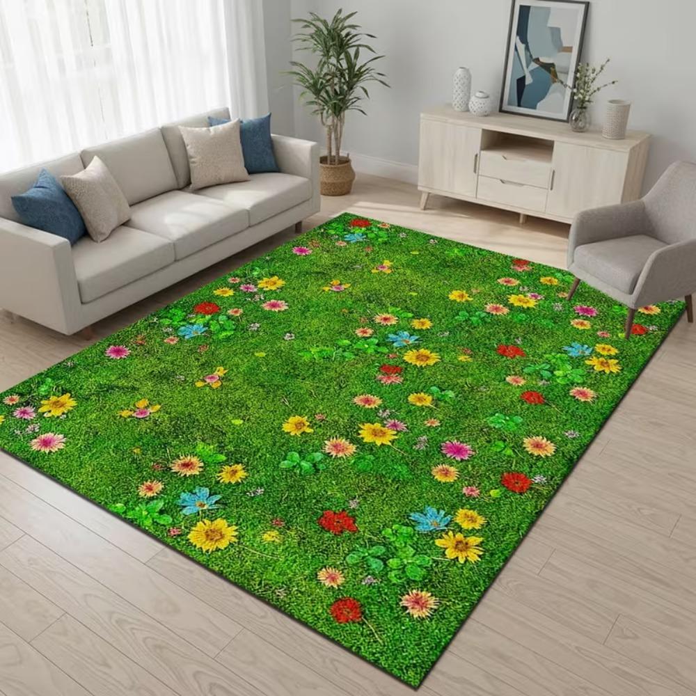 Spring Rug Fresh Grass Green Background Large Rug, Small Flowers Scattered Bloom Printed Carpet, Easy-To-Clean Room Mat,door Mat