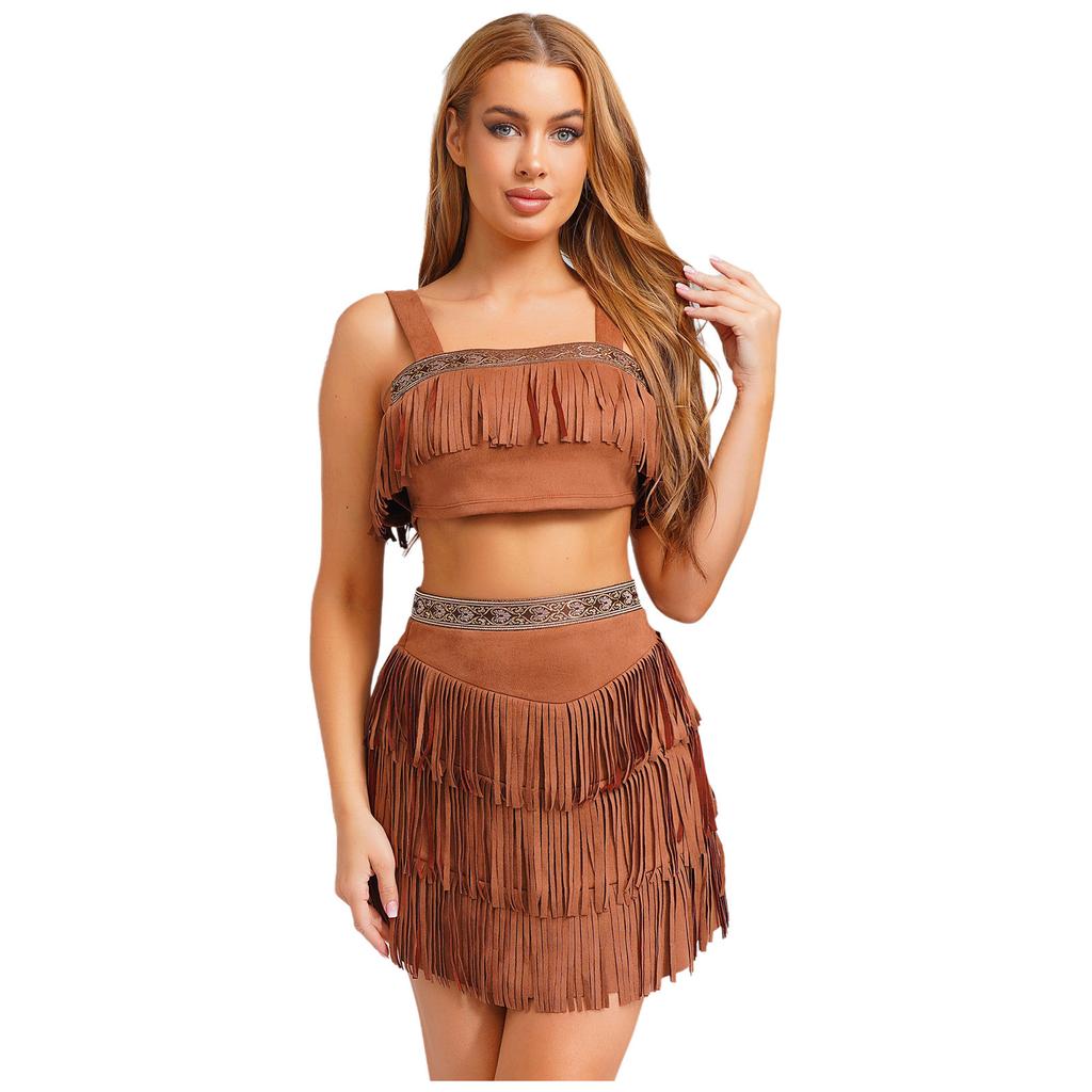 Womens Tribal Princess Set Off Shoulder Crop Top Mini Skirt Vintage Pattern Trim Tiered Tassel Faux Suede Costume