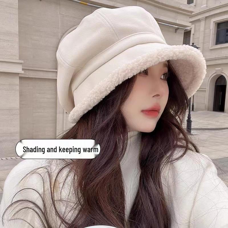

Женская рыбацкая шляпа: Бархатная подкладка, защита ушей, овечья шерсть, повседневный восьмиугольный берет для осени и зимы. Adjustable грязно-белый