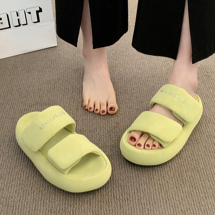 Thick-bottomed Heightening One-word Slippers for Women's 2025 Summer New Fashionable Outer Wear Non-slip and Shit-stepping Velcro Cool Slippers
