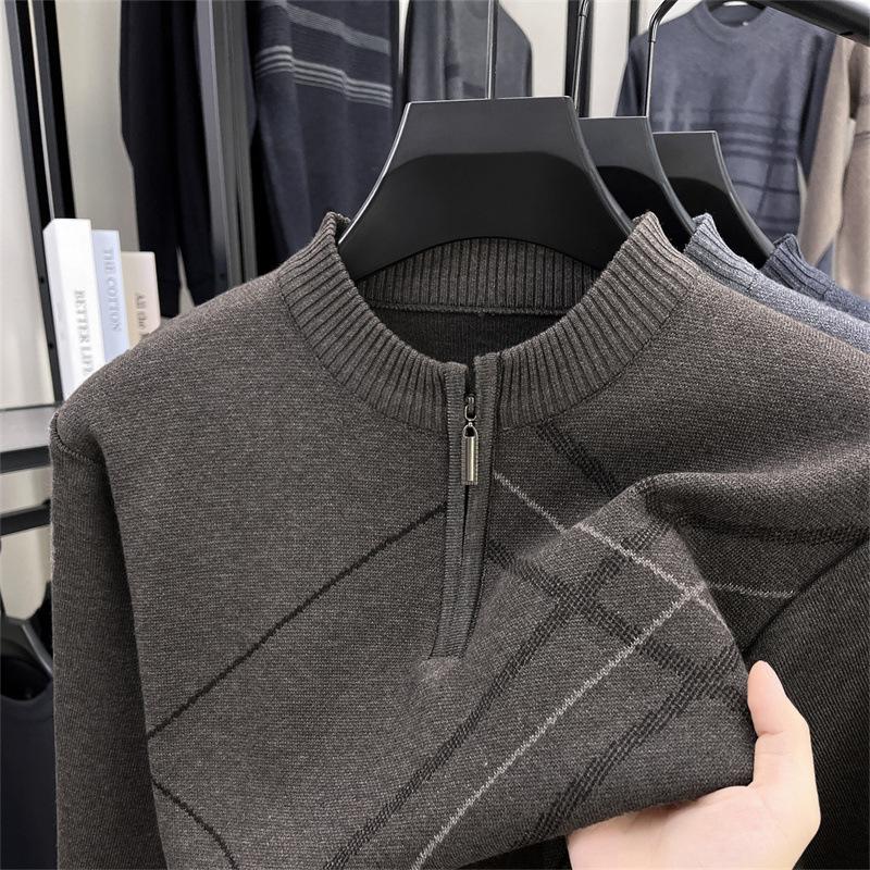 Men's New Thickened Turtleneck Knitwear Autumn Winter New Zipper Solid Color Sweater Middle Aged Warm Knit Top