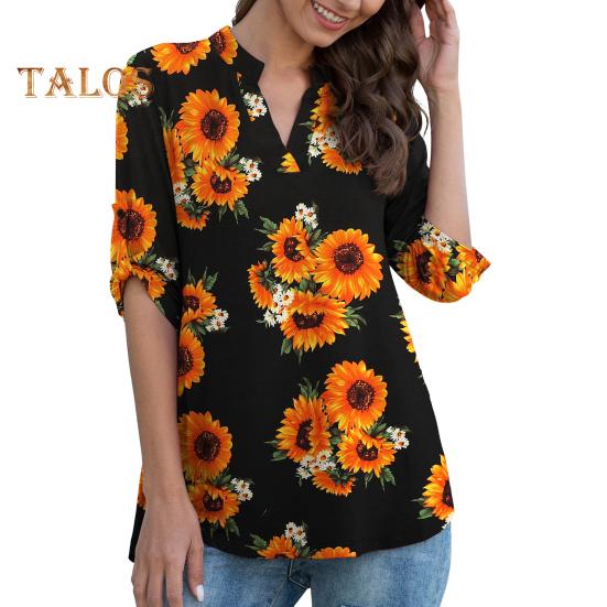 Women Shirt V-neck 3/4 Roll-Up Sleeves Lightweight Tops Flower Print Flowy Hem Tunic Tops Daily Wear