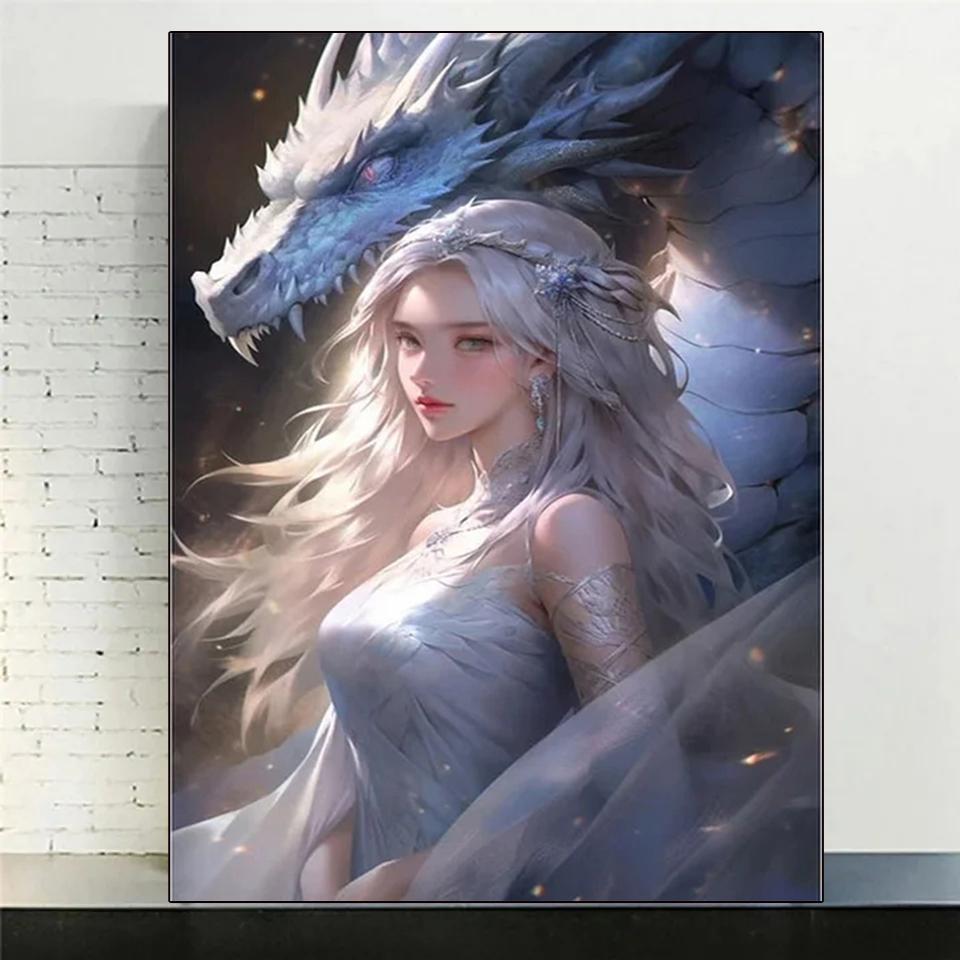 Pictură cu diamant de femei și dragoni 5DDiy, rotund complet, pătrat, mozaic, cruce, brodat, pictură cu animale, decorație de perete