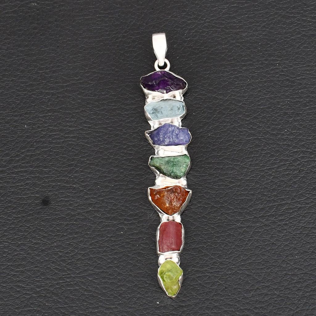 Natural 7 Chakra Rough Gemstone Pendant 925 Sterling Silver Raw Crystal Healing Stone Bar Necklace Jewelry Gift