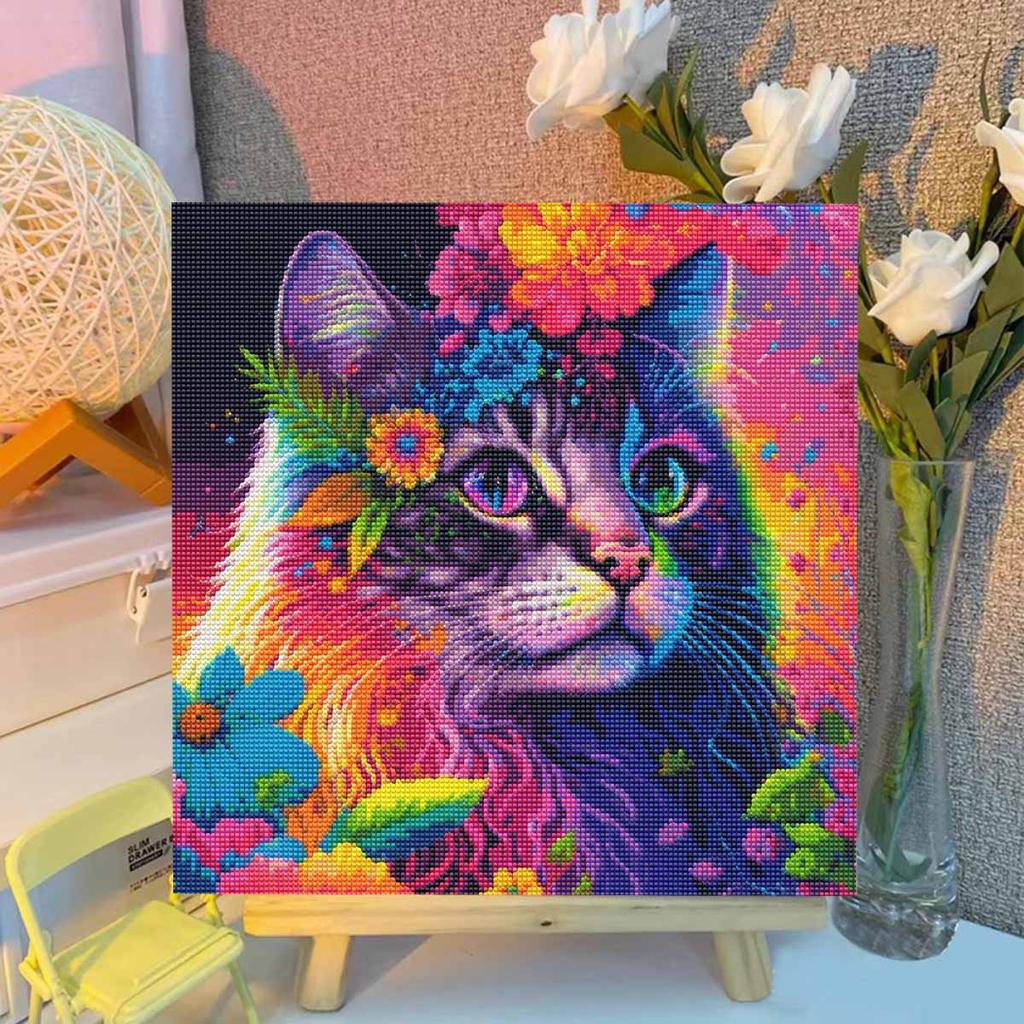 DIY Diamond Painting Cat with Flowers Cross Stitch Kit Mosaic Art Diamond Painting Full Circle Diamond Home Decoration