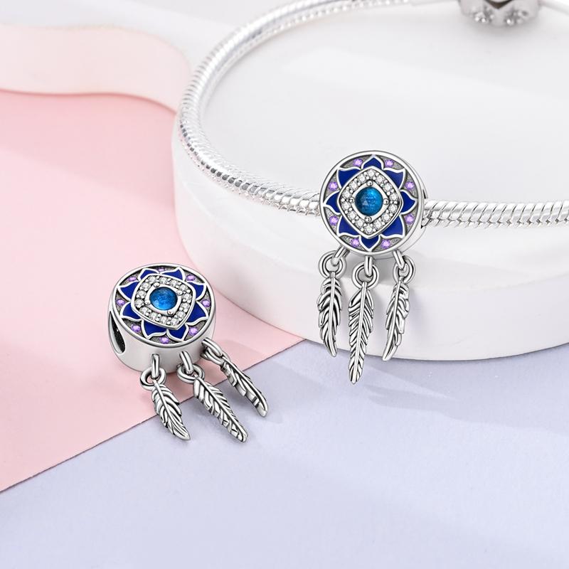 Charms Plata Blue Flower Dreamcatcher, Feather Beads Fit Original Bracelets Charms For Women Jewelry Diy Making Gifts