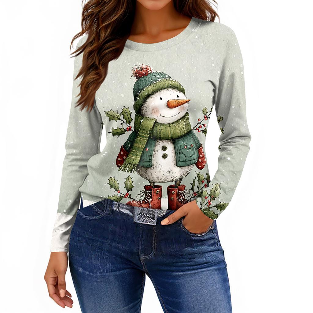 Maglietta da donna alla moda casual con spacchi sul fondo, scollo rotondo, manica lunga, ampia, stampata