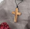 Hand-carved Tapered Wood Cross-shape Necklace Long Leather Rope Adjustable Olive Wood Pendant for Boys Girls Men Women