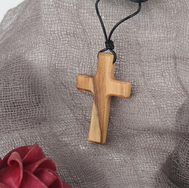 Hand-carved Tapered Wood Cross-shape Necklace Long Leather Rope Adjustable Olive Wood Pendant for Boys Girls Men Women