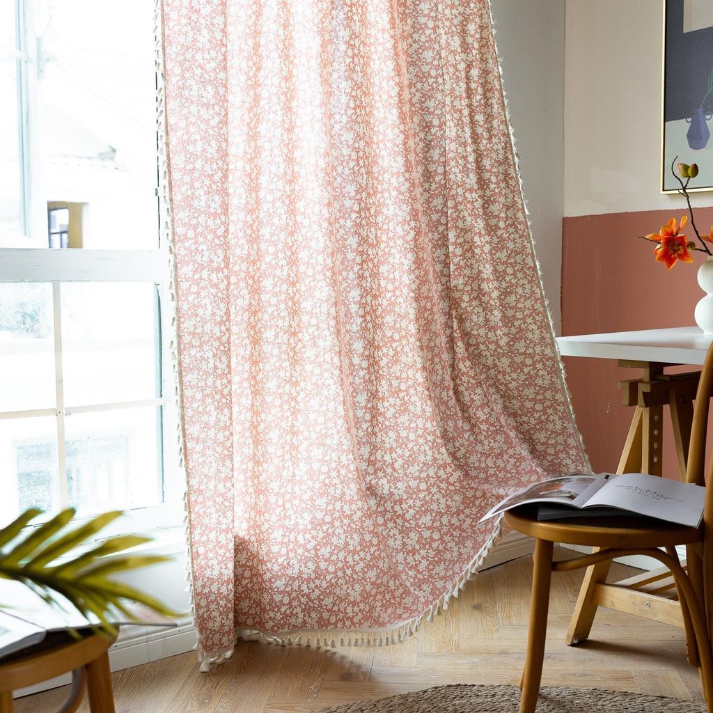 Finished Curtains Cotton And Linen Fabric Printing Floral Fresh Small Window Semi-Blackout Balcony Bay Window Curtain