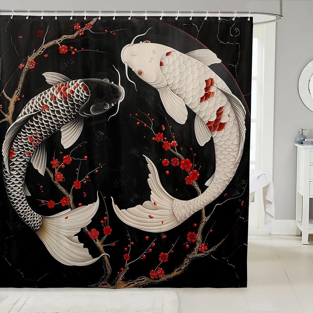 Sakura Tiger Shower Curtain Japanese Ukiyo Watercolor Red Sun Wild Animal Floral Kids Adult Bathroom Decor Hooks
