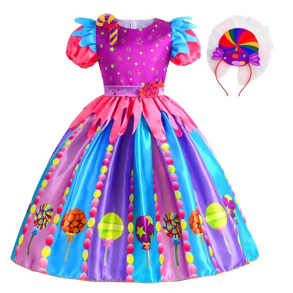Girls Purim Festival Lollipop Costume Chidrens Puff Sleeve Candy Costume Kids Sweet Lollipop Print Birthday Party Dresses