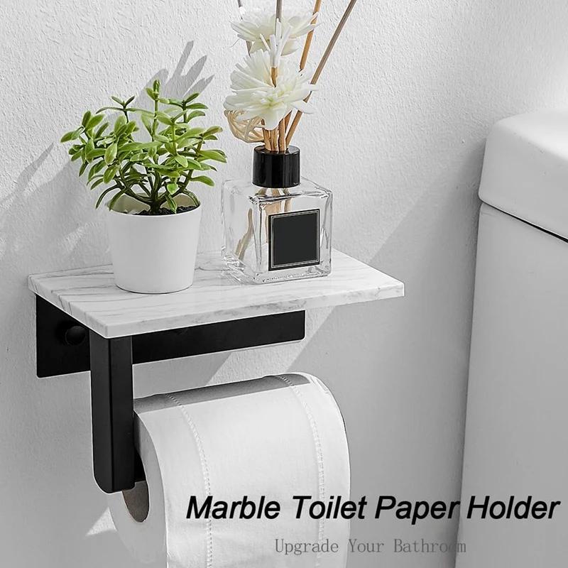 Modern Marble Toilet Paper Holder with Shelf, Wall Mounted Bathroom Organizer for TP Roll & Storage, Vanity Cabinet Decor