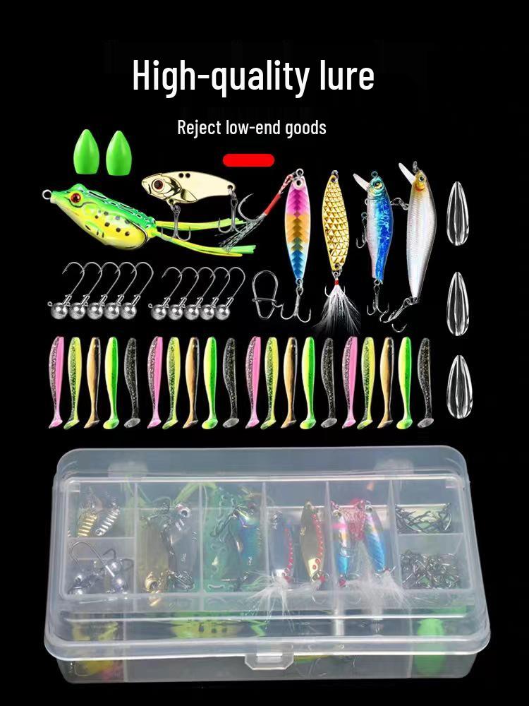 

Набор приманок и наживок: Включает мягкие приманки, блестки, перевернутые лягушки и приманки в виде пескарей.