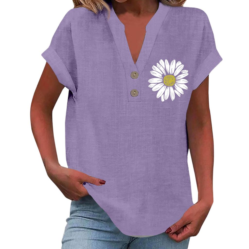 Ladies Casual Fashion V-Neck Button Floral Print Short Sleeve Top