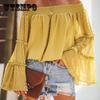 Chiffon Blouse Flare Long Sleeve Off Shoulder Tops Solid Color Top Women Loose T-shirts Summer Plus Size Casual Sexy Shirt Female Puff Sleeve Shirts