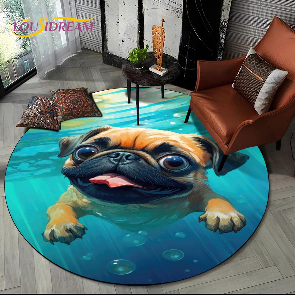 Cute Dog Samoye,Chihuahua,Koki Pomeranian Cartoon Round Carpet Rug for Living Room Bedroom Decor,kids Pet Area Rug Non-slip Mat