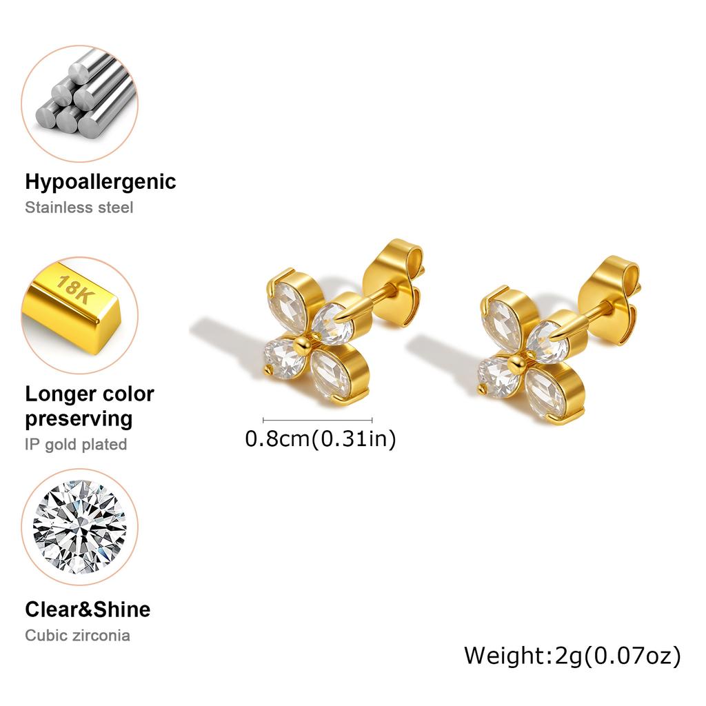 Fashion White Zircon Four-petal Flower Stud Earrings for Women,Gold Color Stainless Steel Waterproof Earrings,Chic Jewelry Gift