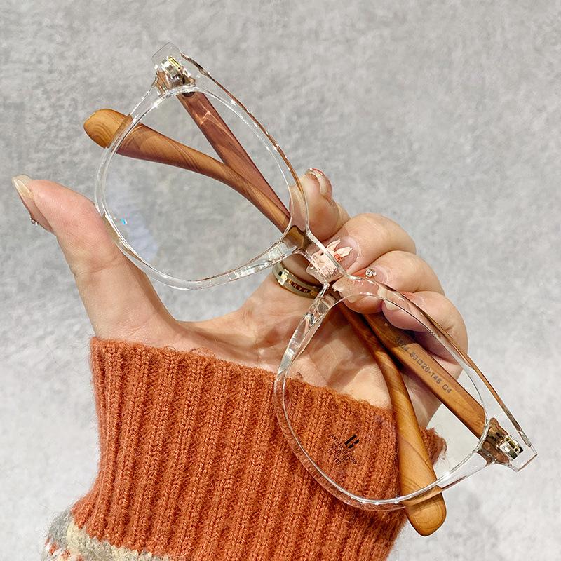 Retro Wood Grain Legs Tr90 Decorative Anti-Blue Flat Mirror With Myopia Glasses Frame For Women