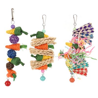 3pcs Parrot Chew Toys Weave Carrot Corn Rattan Balls Shredded Paper Bird Hanging Cage Toy for
