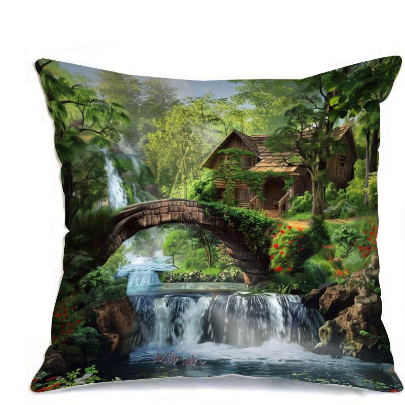 Home Decor Enchanting Waterfall & Cabin Pillow Covers Pattern Cushion Cover Suitable for Sofa Bedroom Car Pillow Cover